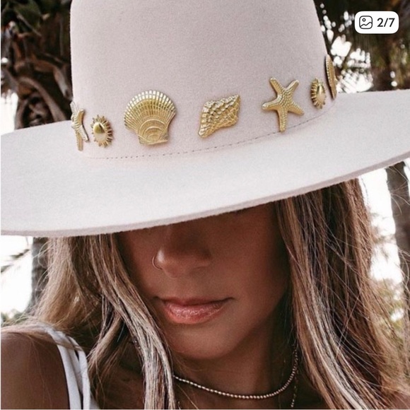 Lack of Color Seaside Boater L Hat Beige Wide-Brim Felt with Gold Shells - Picture 4 of 5